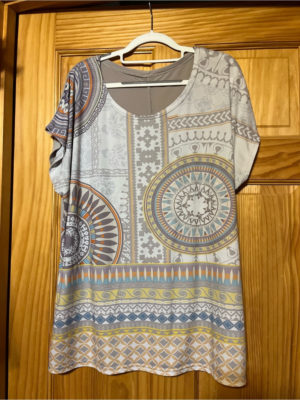 Women's Short-Sleeve Medallion Print Tunic Top in Gray, Blue & Yellow